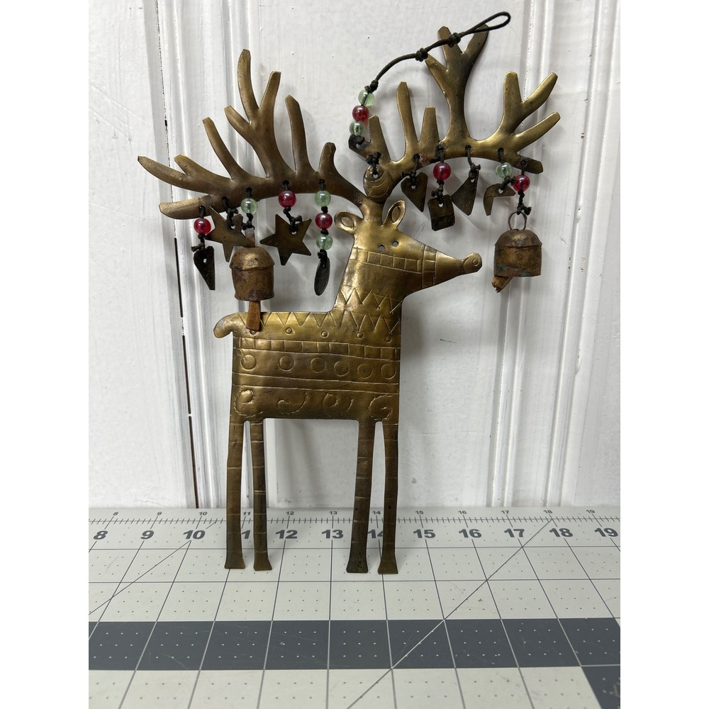 Brass Reindeer Wall Hanging Ornament Rustic Bead Art Nana Bells Christmas Metal‎